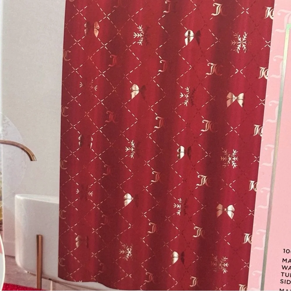 New Juicy Couture Christmas Red Gold Snow JC Fabric Shower Curtain Hooks 70x72
